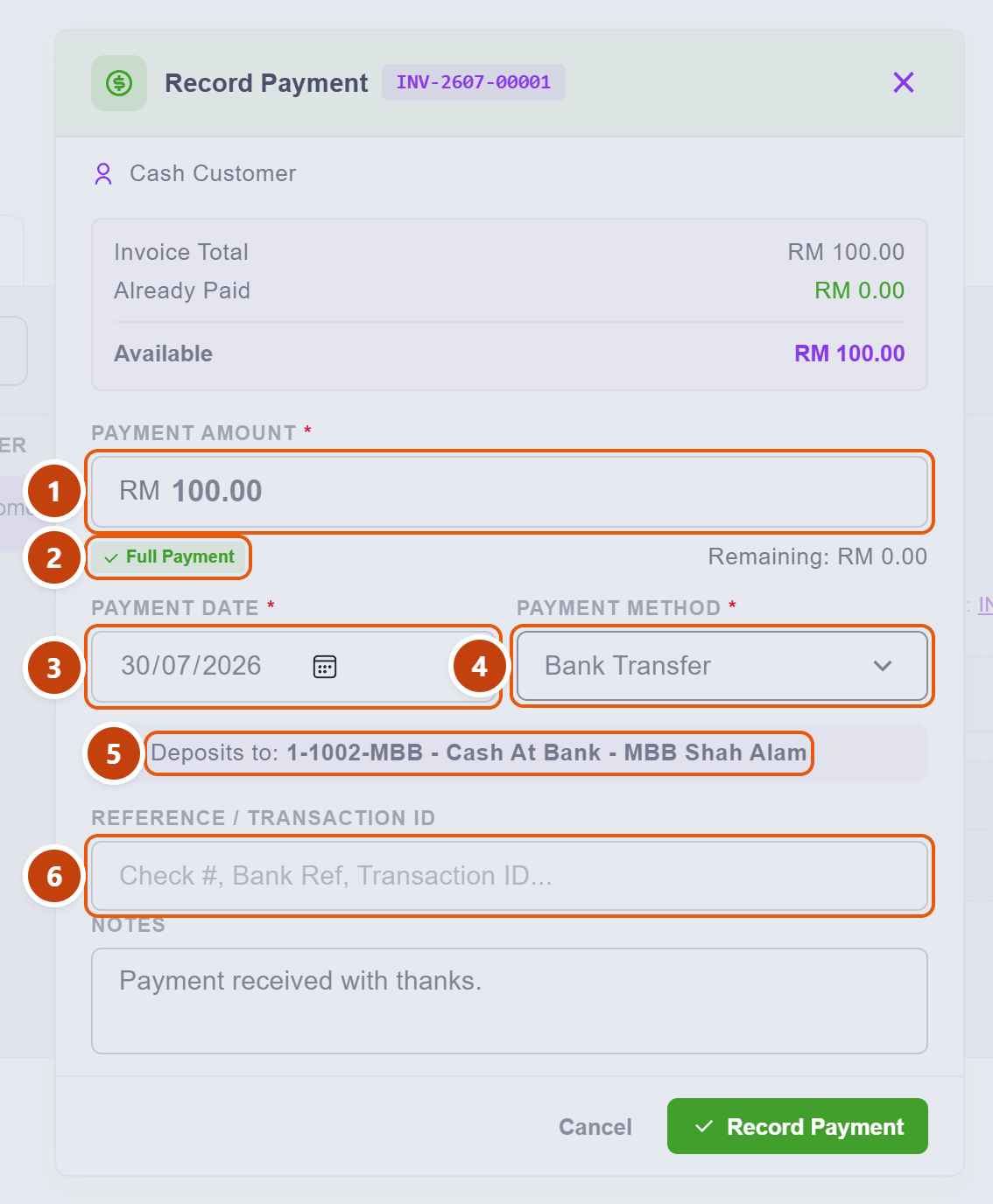 The Record Payment dialog with amount, full-payment shortcut, date, method, deposit account and reference numbered