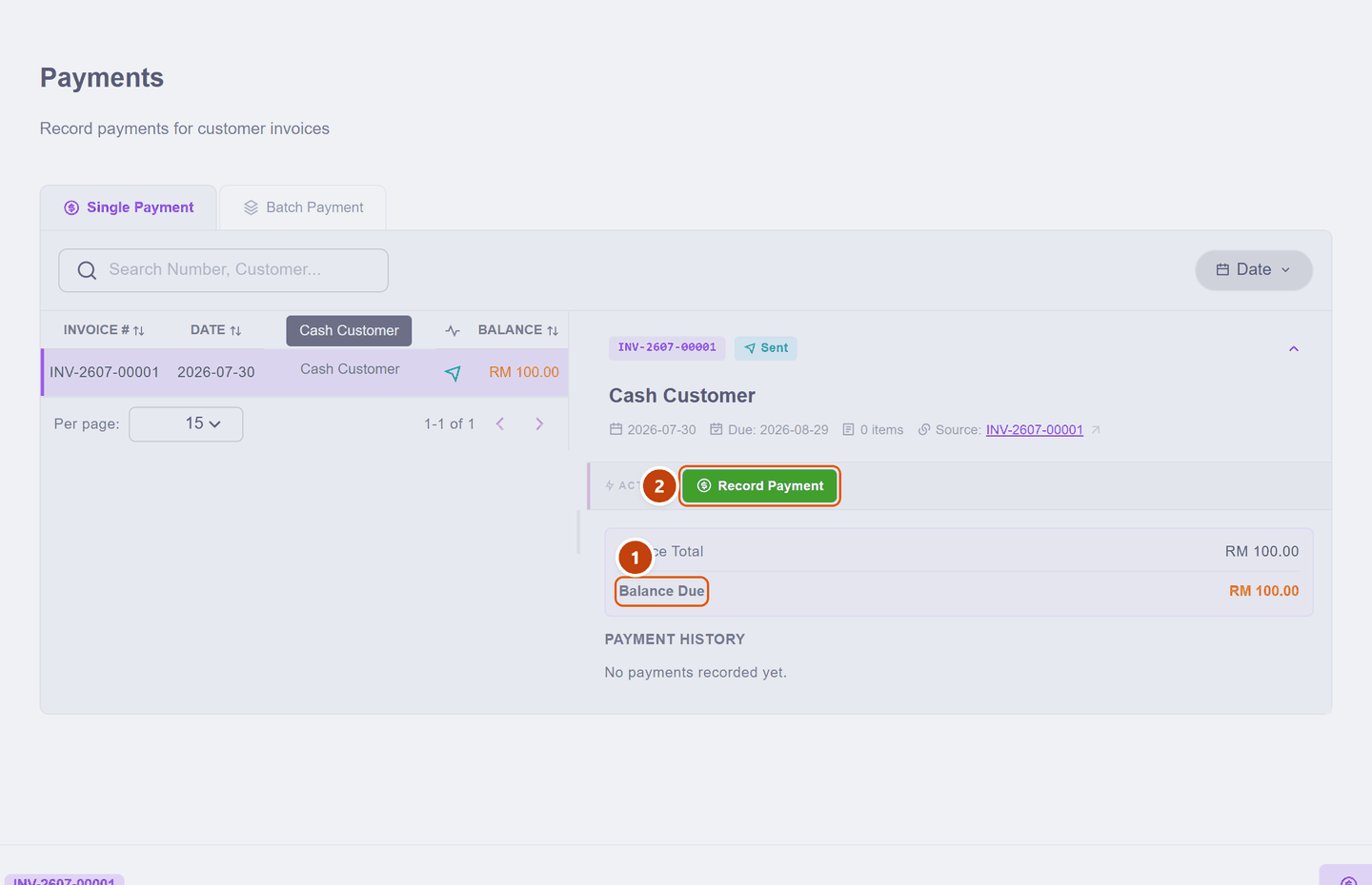 The invoice's payment panel showing Balance Due RM 100 and the Record Payment button