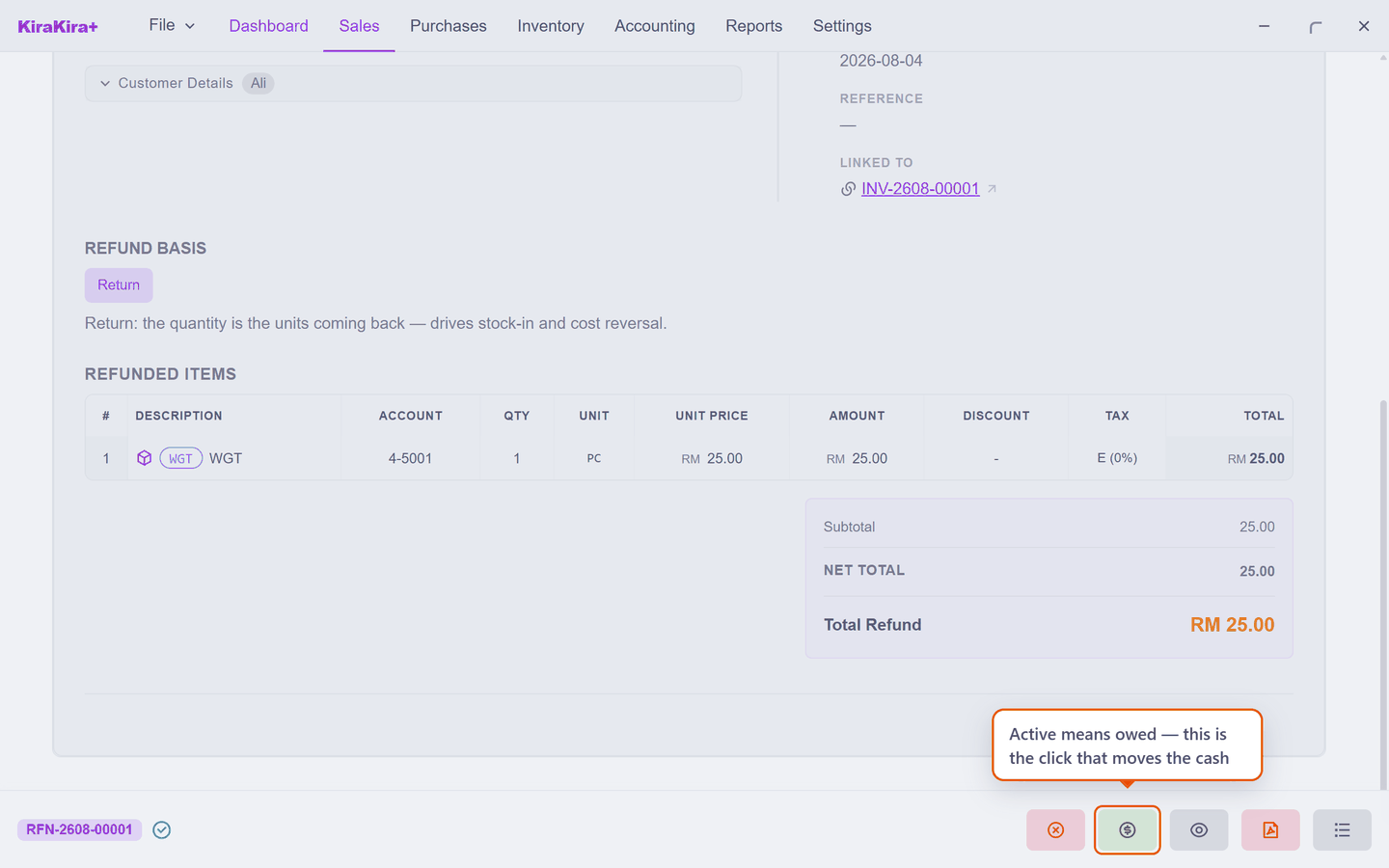The approved refund note at Active — owed, not yet paid