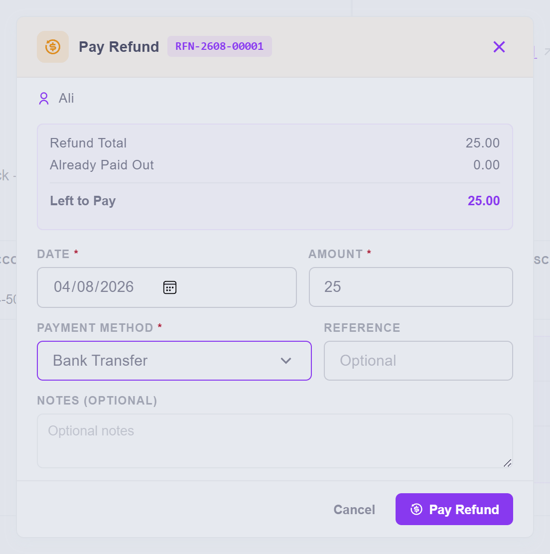 The payment dialog — the refund leaves like any other payment