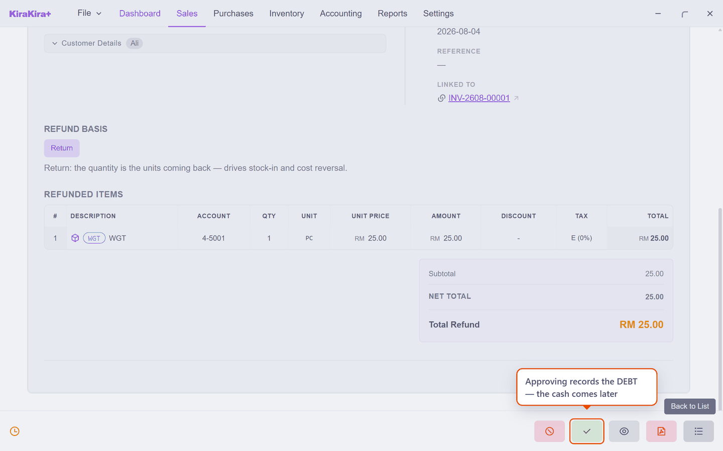 The submitted refund note at Pending