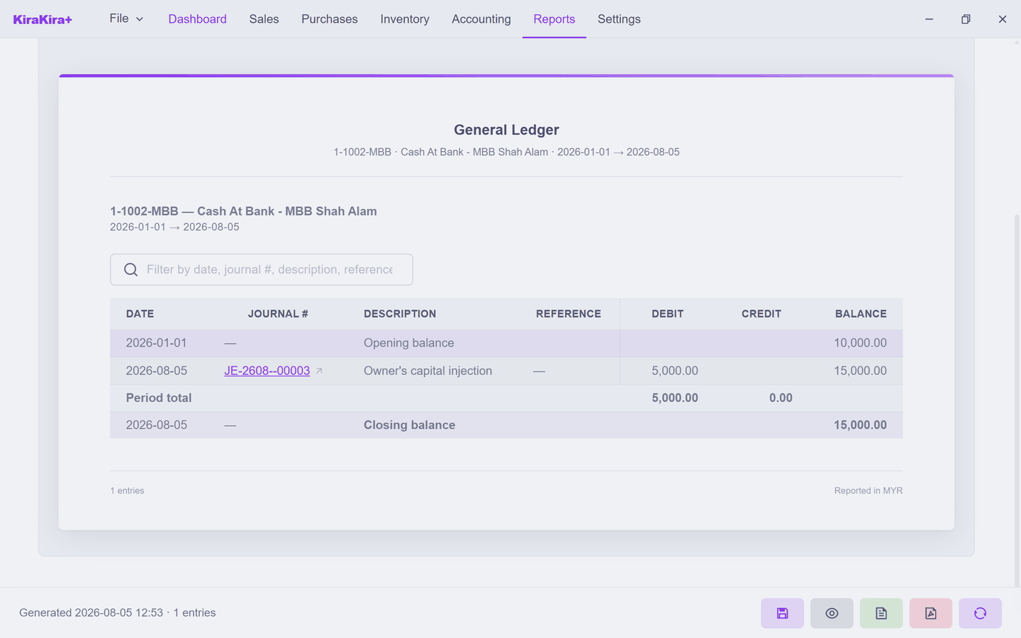 The bank account's ledger — every movement, running balance