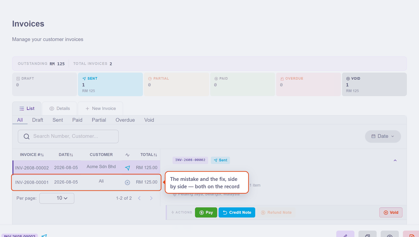 The voided invoice and its re-issue in one list
