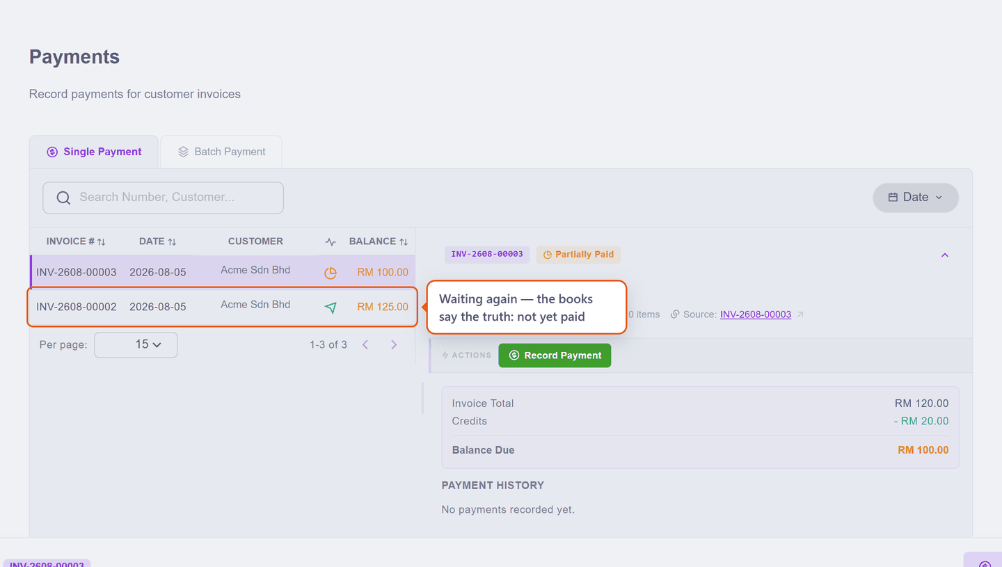 The invoice back on the payments waiting list