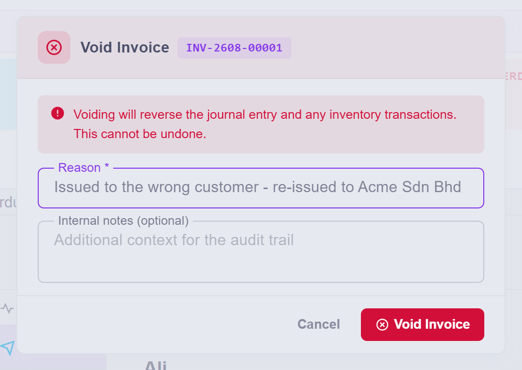 The void dialog with its reason