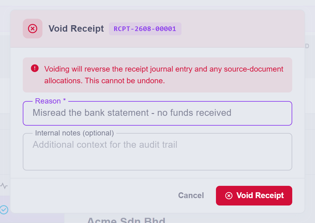 The receipt's void dialog