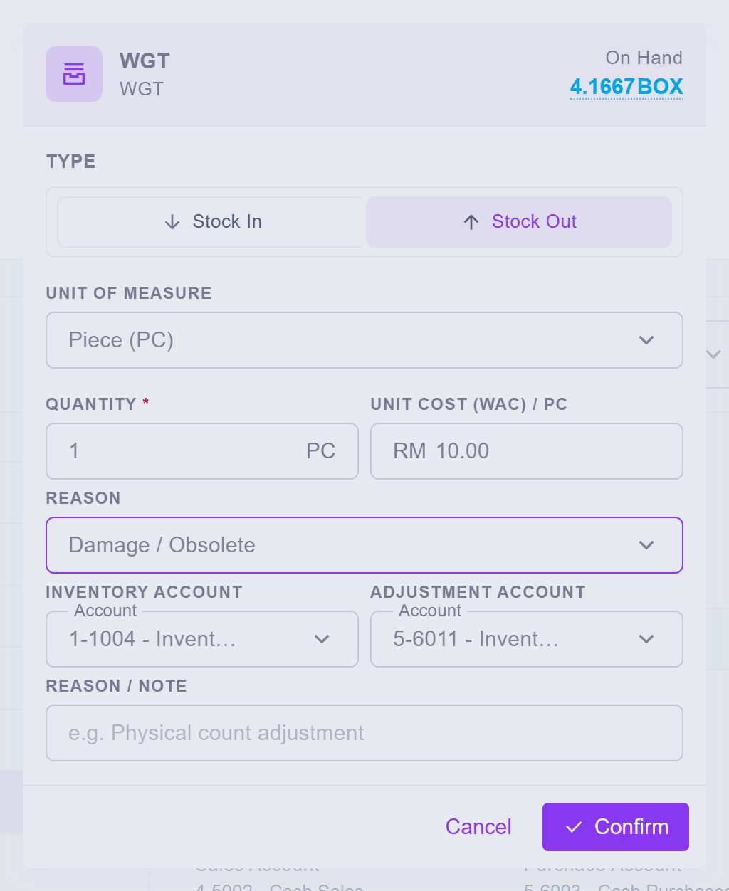The adjustment dialog — Stock Out, 1 piece, Damage