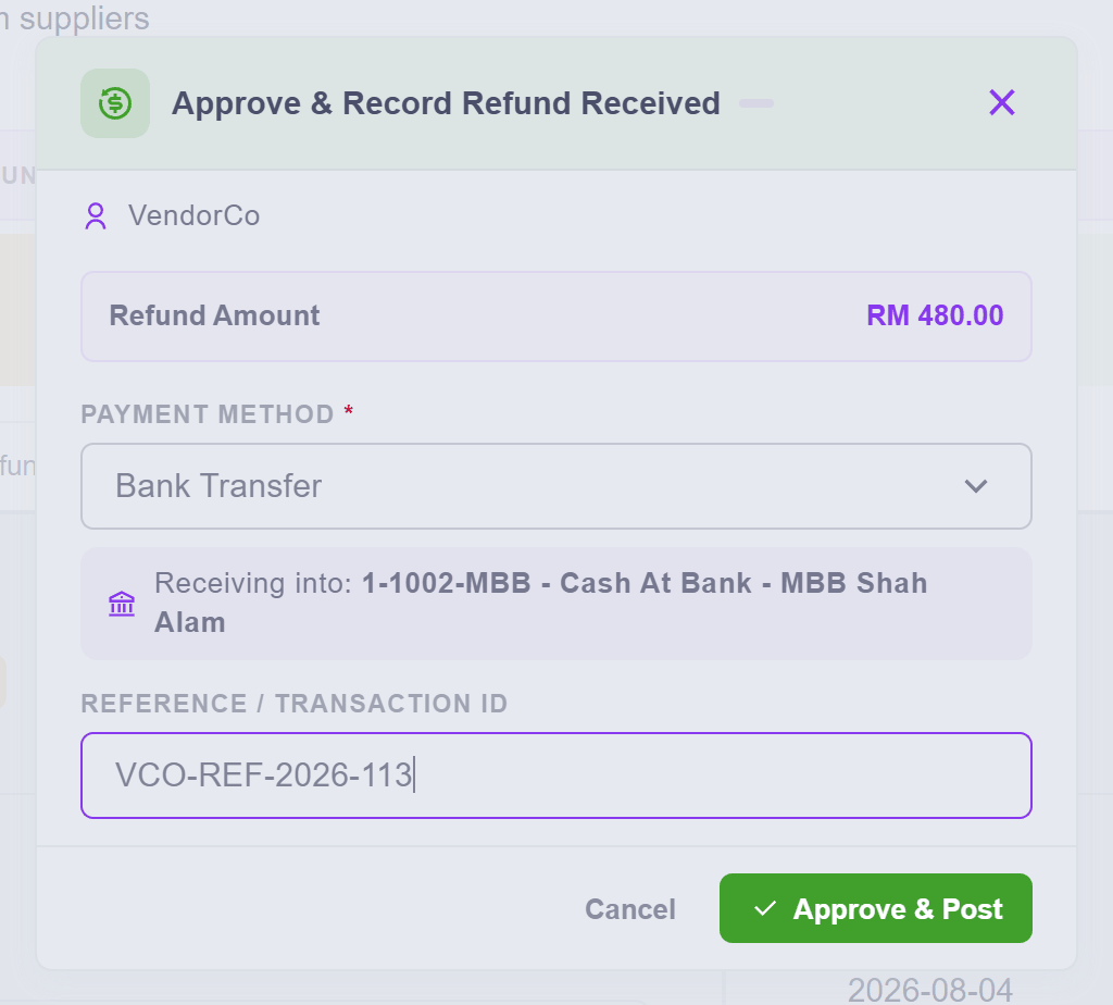 The Approve & Record Refund Received dialog