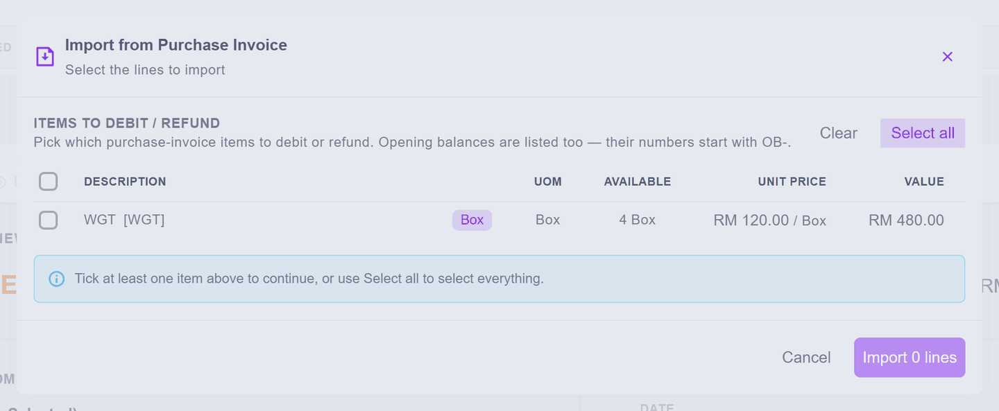 The picker listing the bill's lines for the refund