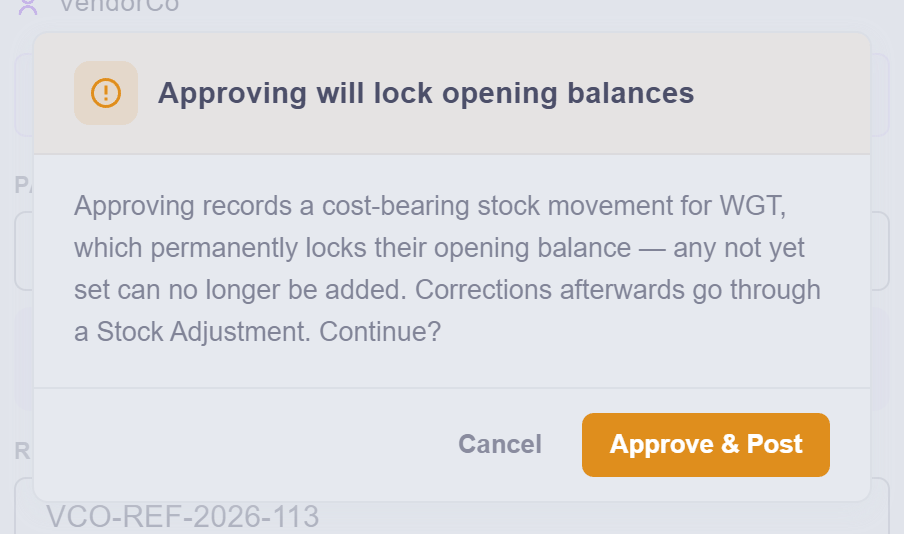 The approving-will-lock-opening-balances warning