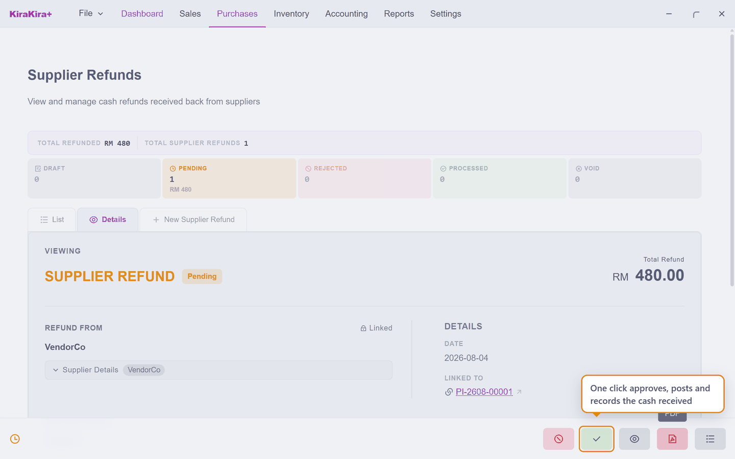 The submitted refund at Pending, offering Approve & Post