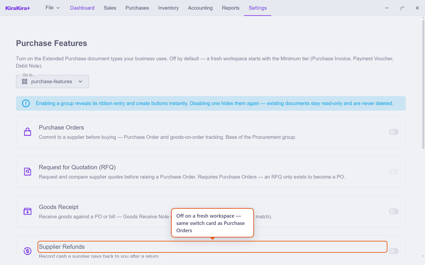 The Purchase Features card for Supplier Refunds, still off