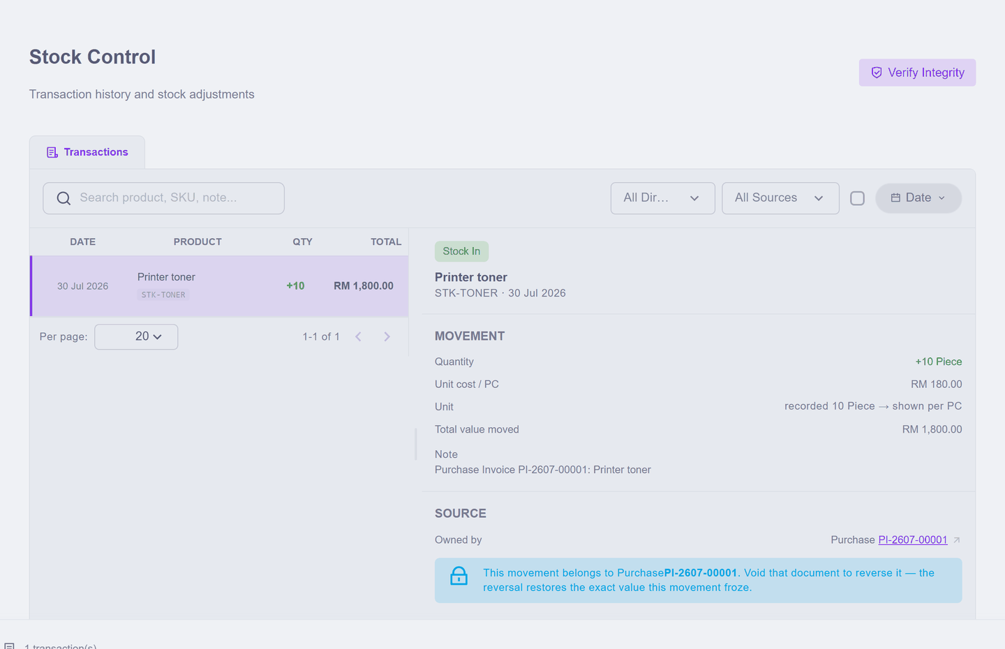The Stock Control ledger showing a Stock In movement of +10 owned by the purchase invoice