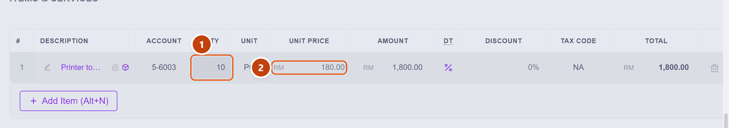 The purchase line showing quantity 10 and the pre-filled unit price
