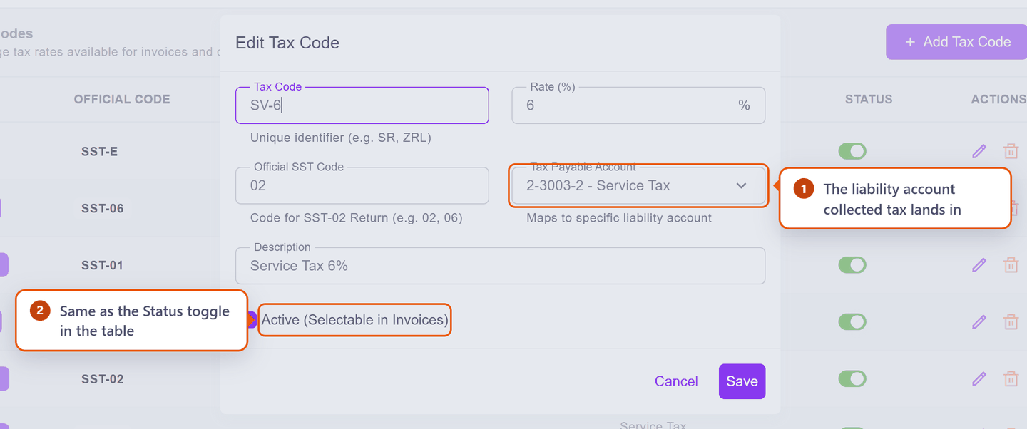 The Edit Tax Code dialog for SV-6, showing the Tax Payable Account set to 2-3003-2 Service Tax