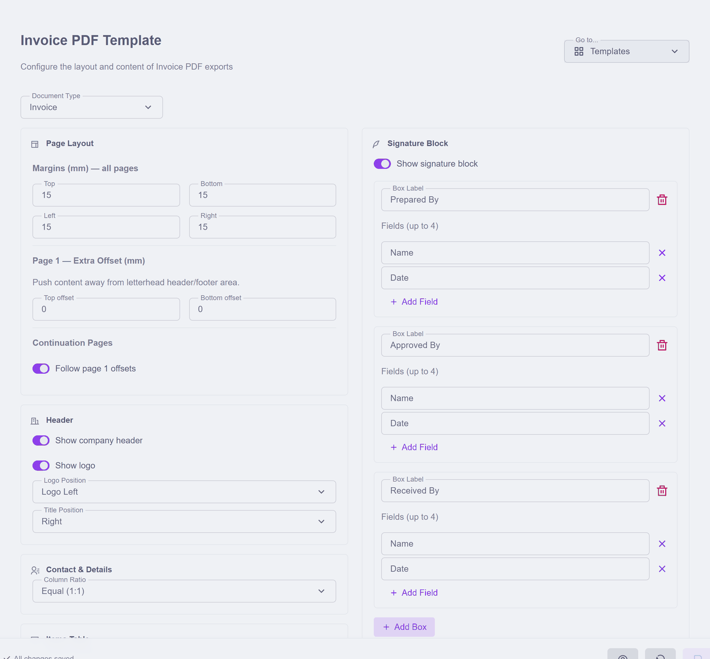 The Invoice PDF Template editor showing the Document Type picker and the section cards