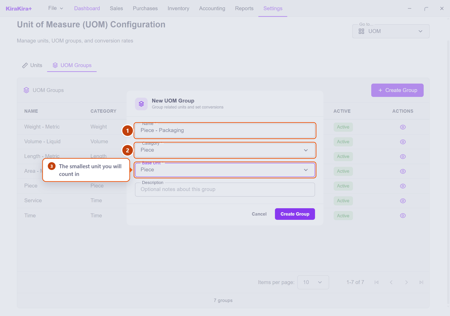 The Create Group dialog filled in with Piece - Packaging