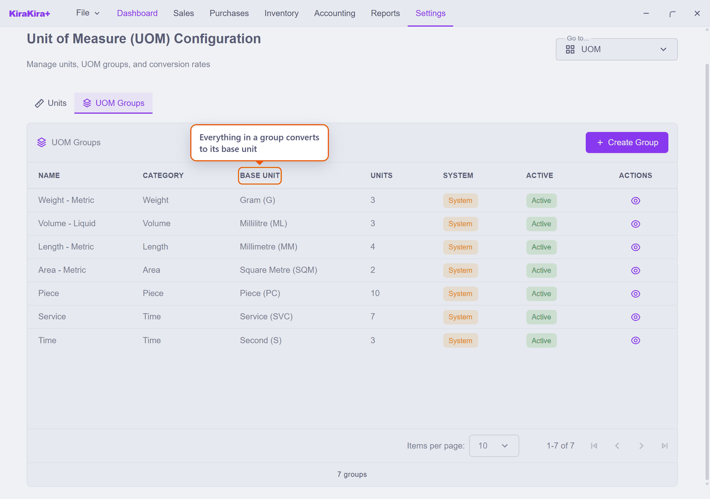 The UOM Groups tab listing the built-in groups with their base units