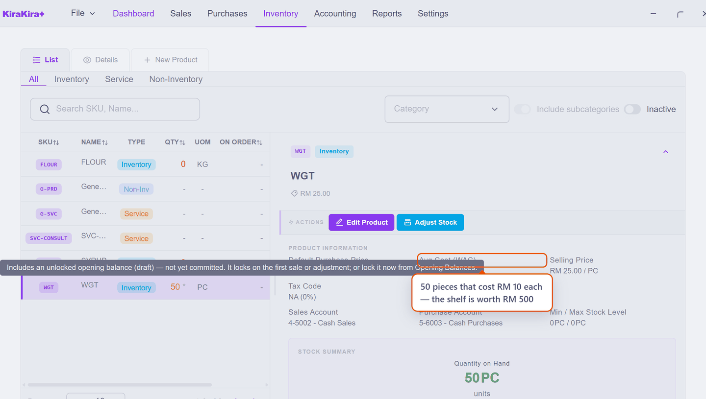 The product panel — average cost RM 10