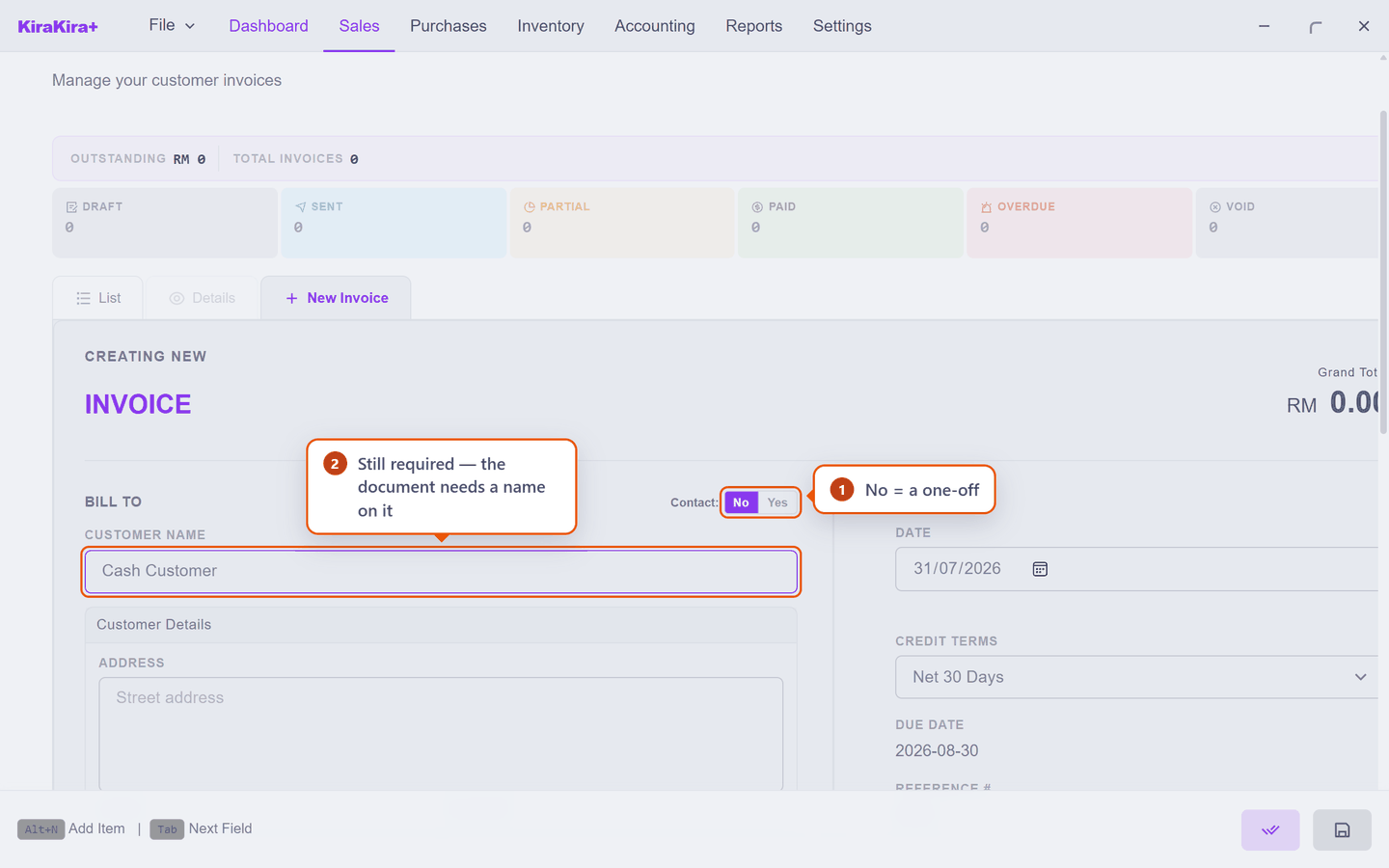 The same section with Contact set to No and Cash Customer typed into the name box