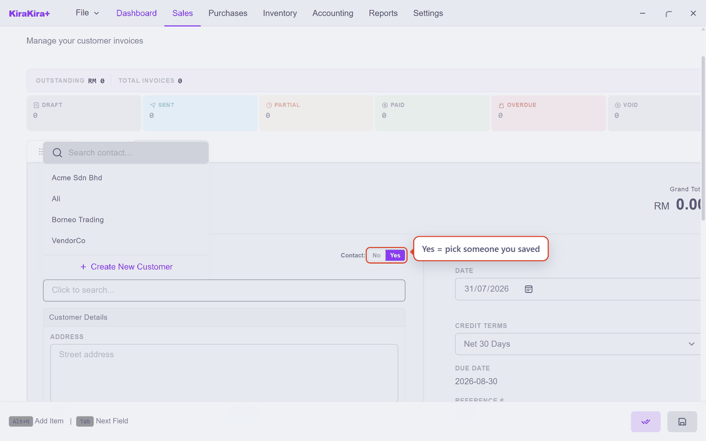 The top of a new invoice with the Contact toggle set to Yes and the contact search open