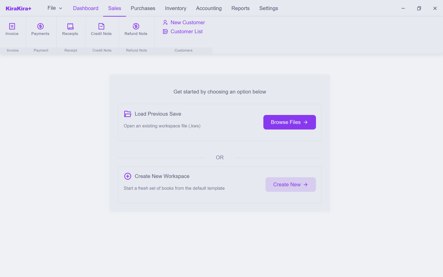 The welcome screen, offering Load Previous Save or Create New Workspace